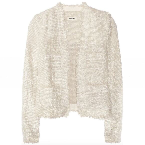 NEW L’AGENCE Cream Raw Hem Fringe‎ Boucle Tweed Jacket - Picture 1 of 9